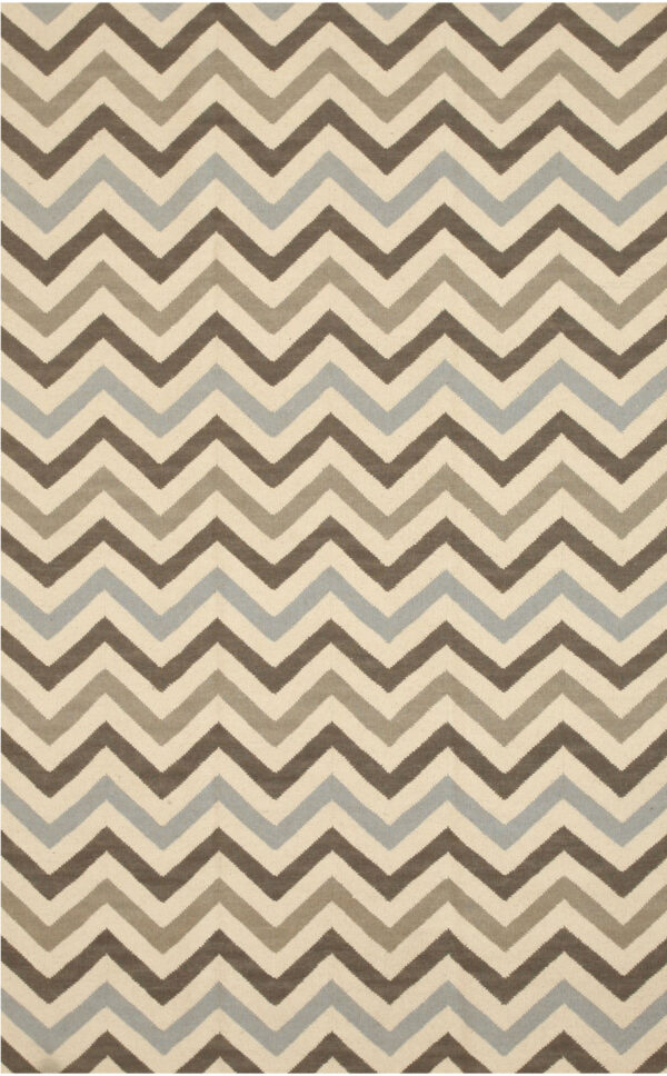 A flatweave rug featuring a repeating chevron pattern in cream, brown, tan, and light blue.