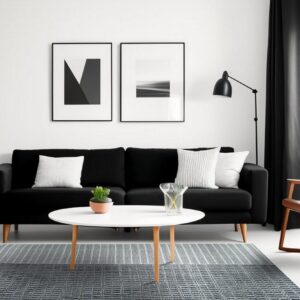 A flat-woven navy and white geometric rug sits beneath a white coffee table and black sofa in a bright room.