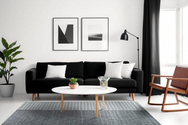 A flat-woven navy and white geometric rug sits beneath a white coffee table and black sofa in a bright room.