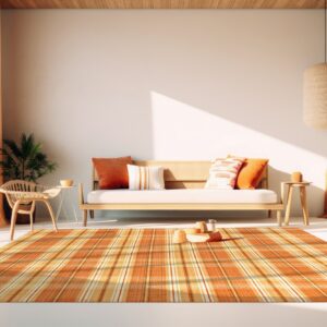 Low-pile orange and amber plaid rug on a white floor in a sunny room with wood furniture.