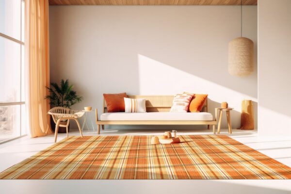 Low-pile orange and amber plaid rug on a white floor in a sunny room with wood furniture.