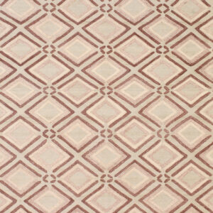 Repeating trellis pattern rug featuring textured diamonds in maroon, blush, and pale tan colors.