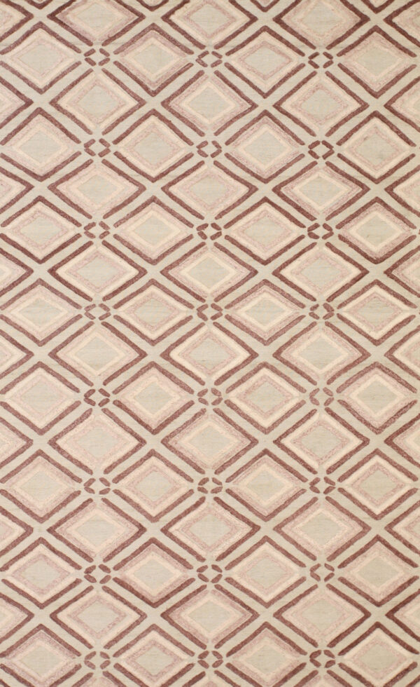 Repeating trellis pattern rug featuring textured diamonds in maroon, blush, and pale tan colors.