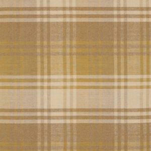 Flatwoven rug texture displaying a plaid pattern in shades of gold, mustard, and cream.