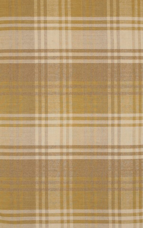 Flatwoven rug texture displaying a plaid pattern in shades of gold, mustard, and cream.