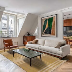 A mustard yellow plaid rug grounds a bright living room featuring a cream sofa and marble coffee table.