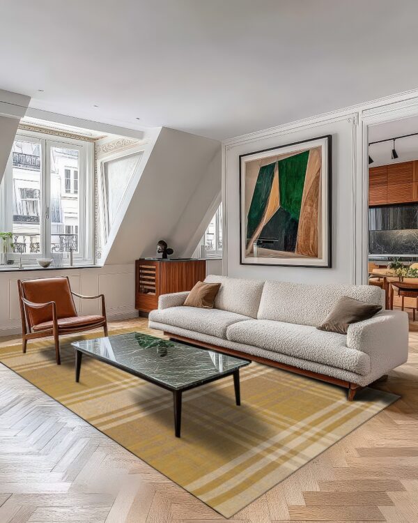 A mustard yellow plaid rug grounds a bright living room featuring a cream sofa and marble coffee table.