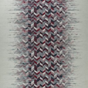 Low-pile rug with a chevron pattern in burgundy, blue, and gray that fades into a light background.