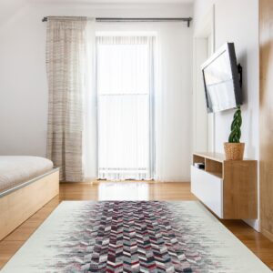 A light cream rug with a central burgundy, blue, and gray geometric chevron pattern lies on a wood floor in a sunny room.