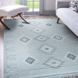 Low-pile blue rug with contrasting geometric patterns in a room with wood flooring and modern seating.