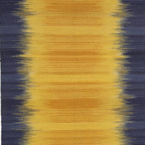Flatwoven rug with a central vertical stripe of gold transitioning abruptly to dark blue patterned borders.