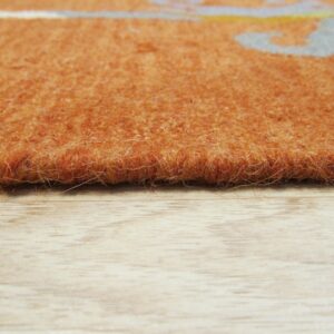 Close-up shows the shaggy, medium-pile orange rug edge resting on light blonde wood floorboards.