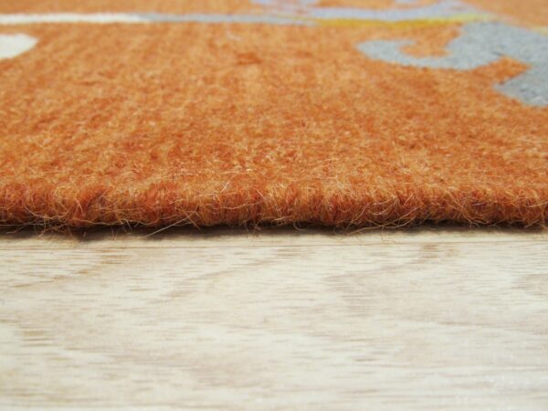 Close-up shows the shaggy, medium-pile orange rug edge resting on light blonde wood floorboards.
