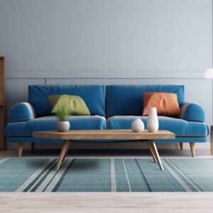 Low-pile blue rug with light and dark stripes anchoring a living space with a bright blue sofa.