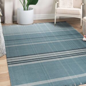 Blue-green flatweave rug featuring a plaid pattern of light and dark gray stripes in a living space.