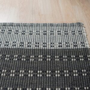 Textured charcoal and cream banded rug with repeating geometric motifs on light wood flooring.