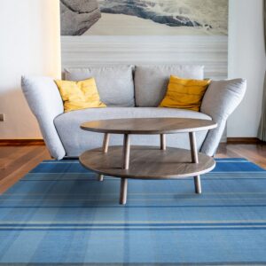 Blue low-pile rug with plaid stripes under a wooden coffee table and a grey sofa on hardwood floors.