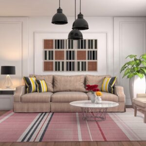 A large pink and white striped rug covers a wood floor in a brightly lit modern living room.