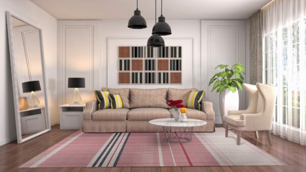 A large pink and white striped rug covers a wood floor in a brightly lit modern living room.