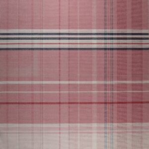 Pink flatweave rug featuring a plaid pattern of cream, faded red, and dark blue intersecting stripes.