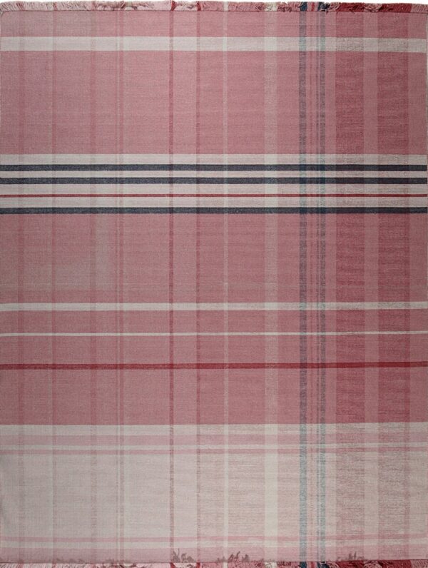 Pink flatweave rug featuring a plaid pattern of cream, faded red, and dark blue intersecting stripes.