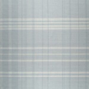 Low-pile rug in a light blue and off-white plaid pattern with visible short fringe ends.