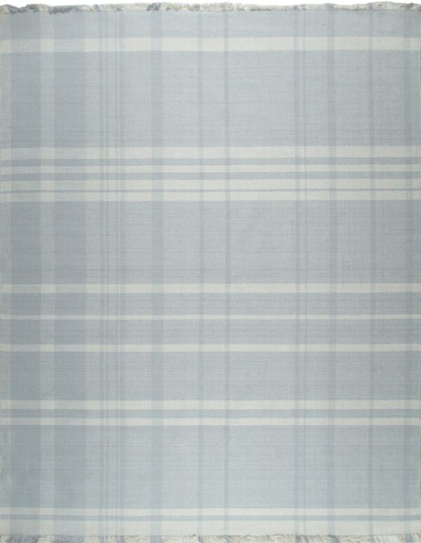 Low-pile rug in a light blue and off-white plaid pattern with visible short fringe ends.