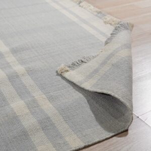 Light gray and cream striped low-pile rug with fringe, partially rolled on light plank flooring.
