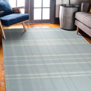 Pale blue plaid rug with cream stripes covers wood floors next to an armchair and sofa.