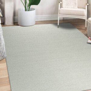 Light neutral striated area rug on wood flooring next to a white armchair and large potted plant.