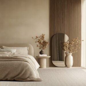 Textured neutral rug fills a bedroom featuring a curved bed, stone side table, and ribbed wood paneling.