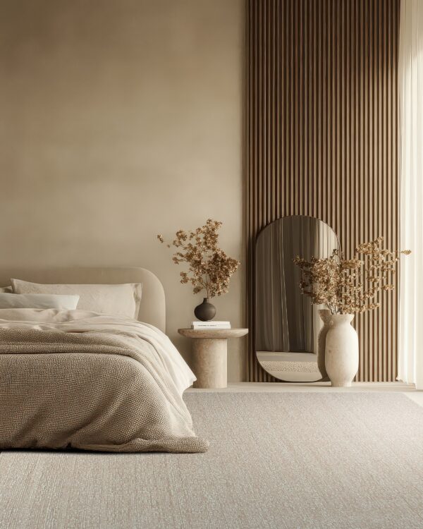 Textured neutral rug fills a bedroom featuring a curved bed, stone side table, and ribbed wood paneling.