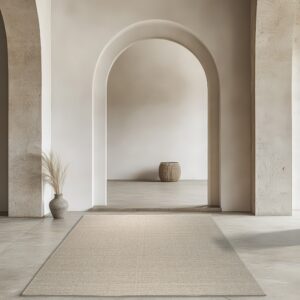 Light beige textured runner rug placed on large gray tiles in a bright room with arched architecture.