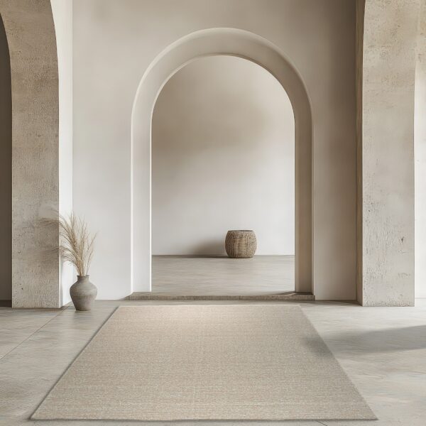 Light beige textured runner rug placed on large gray tiles in a bright room with arched architecture.