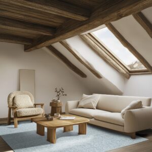 Blue low-pile rug anchoring a beige sofa and wooden furniture in a bright room with rustic wood beams.