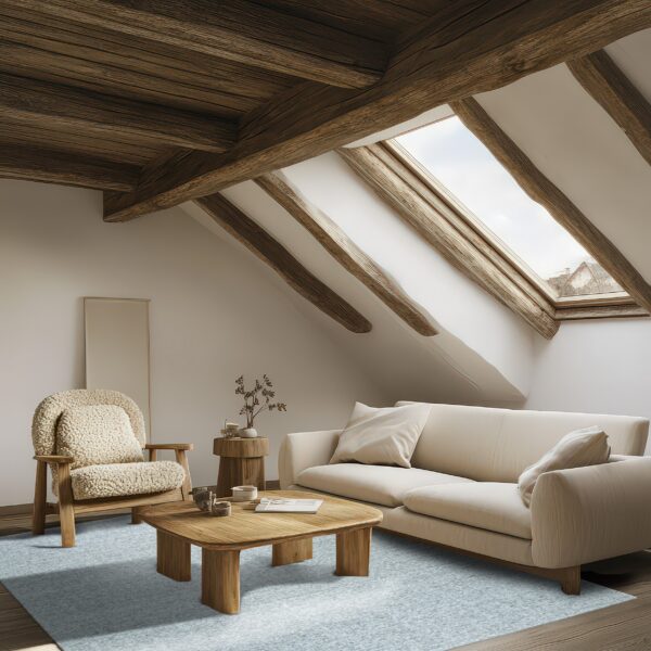 Blue low-pile rug anchoring a beige sofa and wooden furniture in a bright room with rustic wood beams.