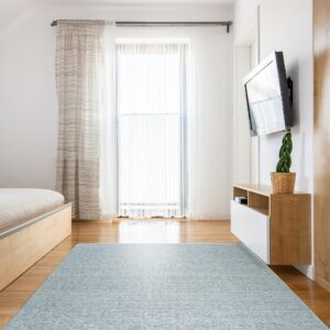 A heathered light blue rug covers the hardwood floor of a bright bedroom with a light wood bed and media console.