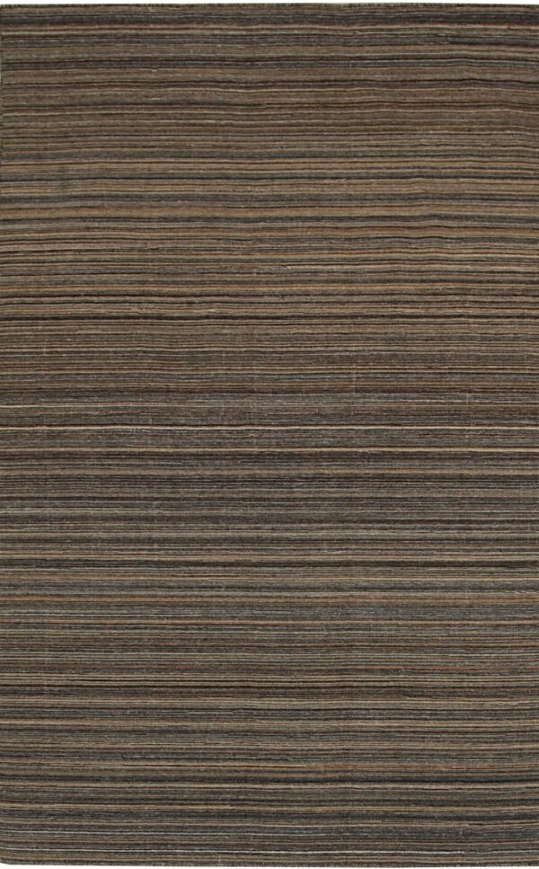 Brown and dark gray rug with tightly woven, thin horizontal stripes covering the entire surface.