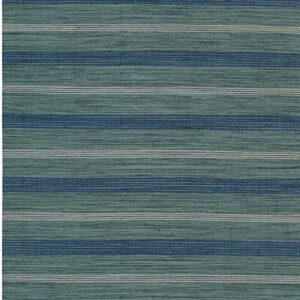 Teal and navy blue striped flatweave rug displaying a chunky texture and decorative fringe ends.