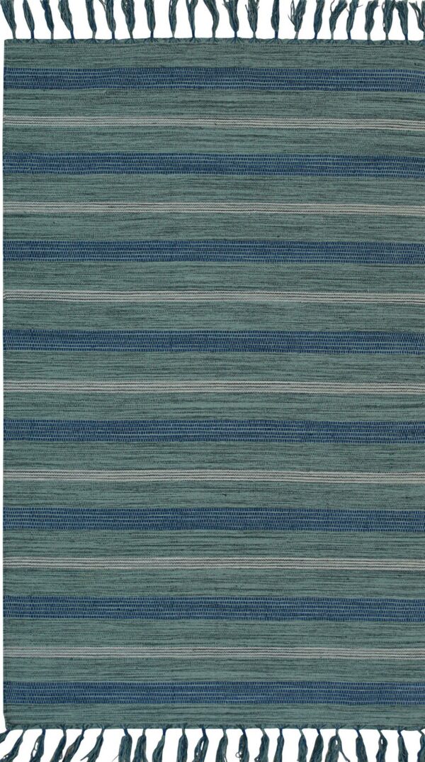 Teal and navy blue striped flatweave rug displaying a chunky texture and decorative fringe ends.