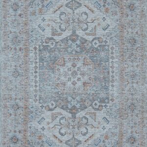 A low-pile distressed rug featuring a traditional medallion pattern in light blue, navy, charcoal, and rust tones, with short fringe.