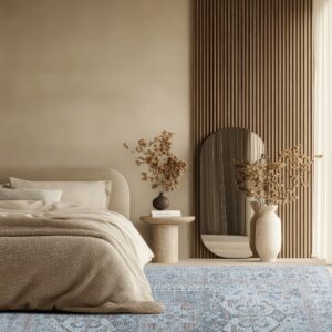 Blue distressed rug under a beige bed next to a textured wood panel in a neutral-toned bedroom.