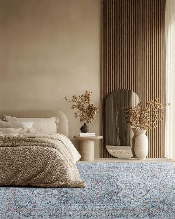 Blue distressed rug under a beige bed next to a textured wood panel in a neutral-toned bedroom.