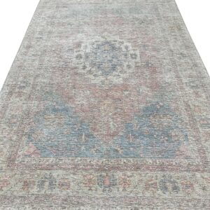 Distressed low-pile area rug featuring a subtle traditional medallion design in muted beige, blue, and dusty rose.
