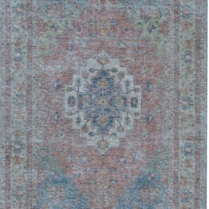 Muted traditional rug featuring a distressed medallion in rust, teal, and blue, with short white fringes.