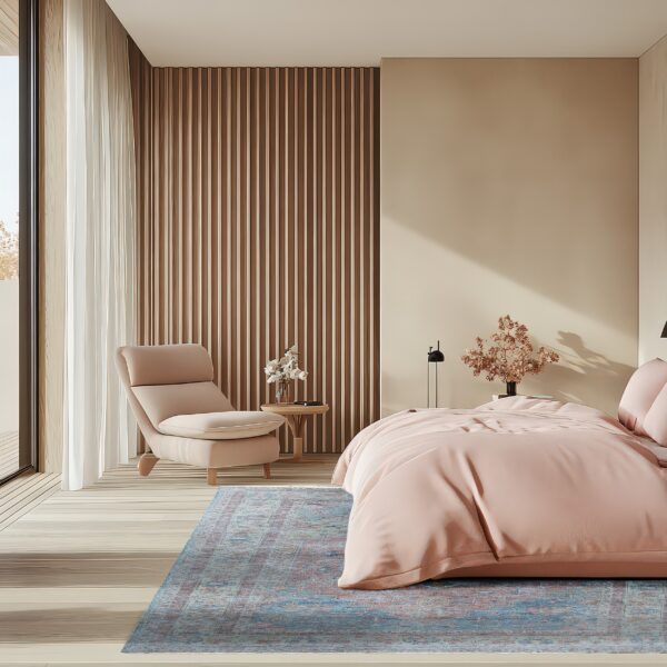 A subtly patterned blue rug lies on light wood floors, complementing a blush armchair and bedding.
