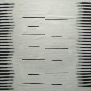 Flatwoven rug featuring a light field with scattered dark dashes and bold, feathered side borders.