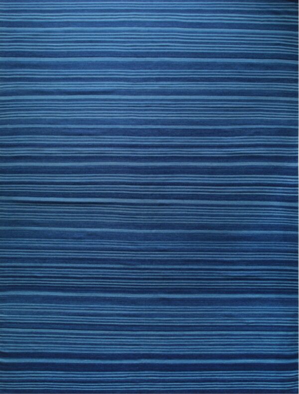 Low-pile blue rug featuring alternating horizontal dark blue and medium blue stripes.