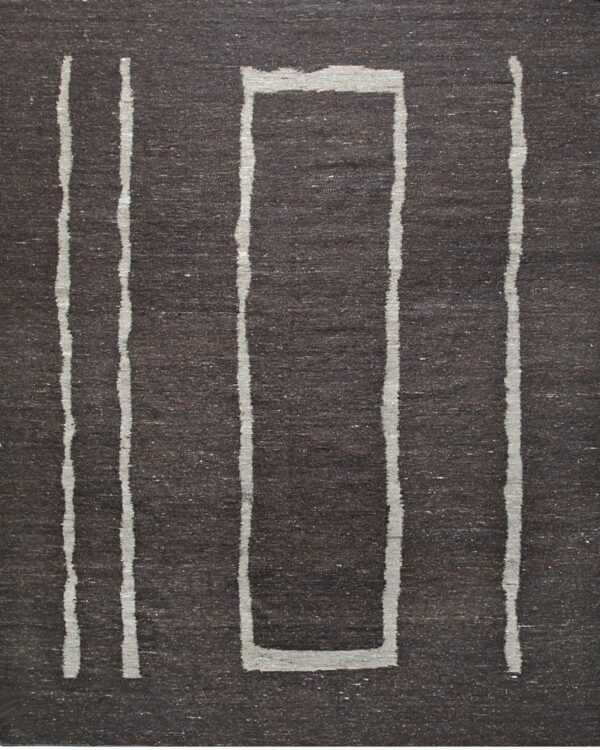 Textured dark brown rug patterned with irregular light gray vertical lines and a central rectangle outline.