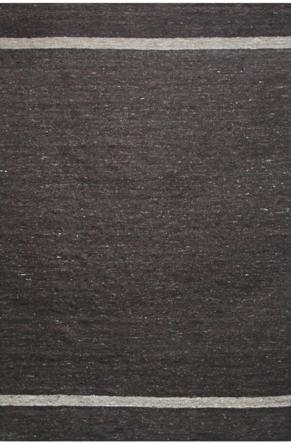 Dark brown textured rug featuring two wide horizontal stripes in light grey.